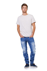 Style, portrait and young man in a studio with casual, stylish and trendy outfit for confidence. Handsome, cool and full body of male model with tshirt and jeans fashion isolated by white background.