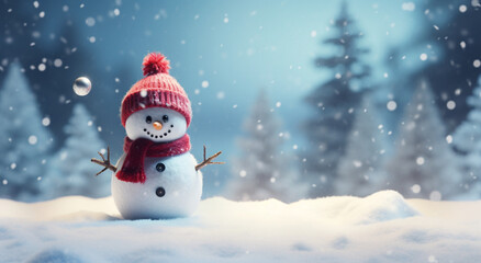 Fototapeta premium 雪とクリスマスの冬の背景。コピースペースとメリークリスマスとハッピーニューイヤー。Christmas winter background featuring snow and blurred bokeh. Greeting card wishing you a Merry Christmas and a Happy New Year with copy space,Generative AI