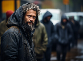 Fototapeta premium Portrait of a homeless man with a dirty hooded jacket and curly hair with backdrop group of people walking on a rainy street.