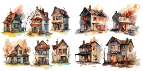 Watercolor burned house ornament set. Hand drawn isolated on transparent background.