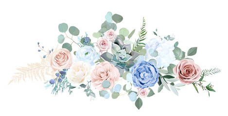 Dusty blue rose, white hydrangea, ranunculus, succulent, camellia, eucalyptus, greenery, juniper vector design