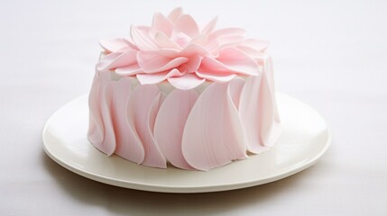 Fototapeta na wymiar A delicate pink rose petal cake, placed centrally on a white canvas, evoking simplicity and elegance.