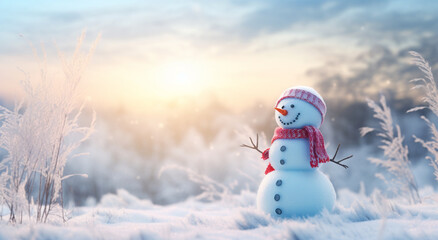 Fototapeta premium 雪とクリスマスの冬の背景。コピースペースとメリークリスマスとハッピーニューイヤー。Christmas winter background featuring snow and blurred bokeh. Greeting card wishing you a Merry Christmas and a Happy New Year with copy space,Generative AI