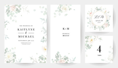 Blush pink rose flowers and mint eucalyptus vector frames. Hand painted branches, leaves on white backgrounds.
