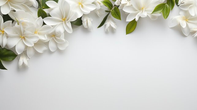 Fototapeta White background with white flowers and leaves