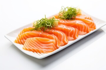 Salmon holding a photograph of salmon sashimi, Japanese food, most popular at this time, white background