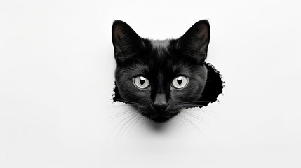 Portrait of a surprised black cat peeking out of a hole in a white background. Free space for product placement or advertising text.