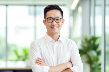 Happy Korea businessman professional leader wearing glasses standing in office. Smiling East Asian male employee, Korean manager, confident eastern entrepreneur at work. generative AI