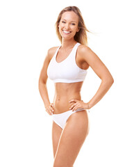 Fototapeta premium Portrait, smile and woman with underwear, body and fitness isolated on a white studio background. Person, girl and model with happiness, bikini and health with wellness, mockup space, joy and energy