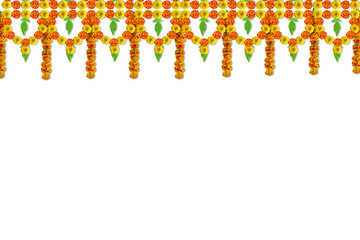  marigold flower garland with bael or bilva (wood apple)leaves,known in india as toran or haar for indian religious festival,marriage,weeding decoration,diwali,new year,dasara, transparent background