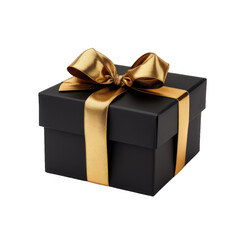 Black gift box with gold bow isolated on transparent and white background. PNG transparent