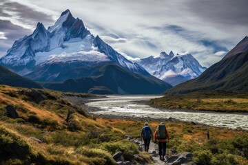 Naklejka premium People are hiking in the mountains in groups.