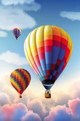 Fototapeta premium Colorful hot air balloon and aerostat floating in the blue sky. A delightful depiction of airborne adventure and the joyous spirit of celebration.