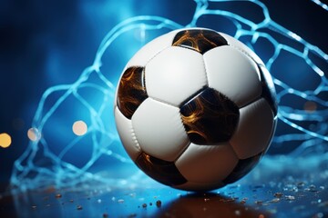 Soccer ball on a blue background with lights and smoke. 3d illustration. Football or Soccer Concept With Copy Space. Goal Concept.