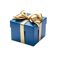 Blue gift box with gold bow isolated on transparent and white background. PNG transparent