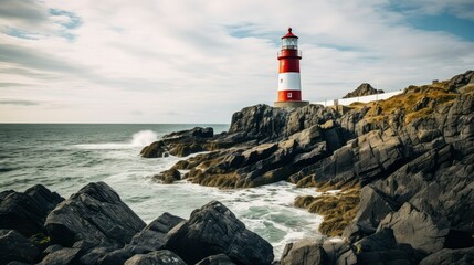 View of a lighthouse on a rocky beach