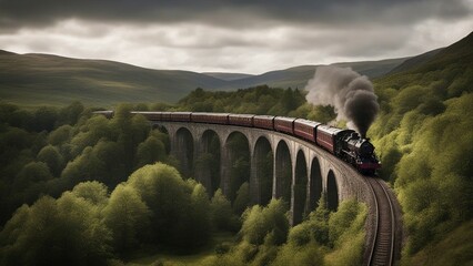 bridge in the mountains  A steam train on a high viaduct. The train is carrying passengers   - obrazy, fototapety, plakaty