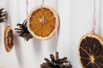 Simple Elegant DIY Christmas Decorations in Scandinavian Style. Minimal Christmas Natural Garland. Aesthetic Xmas Craft. Trendy Farmhouse Decor Idea. Dried Orange Slices, Cones Hanging on a Branch	
