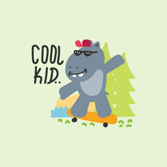 Cute rhino playing skateboad, hand drawn illustration for fabric, textile and print