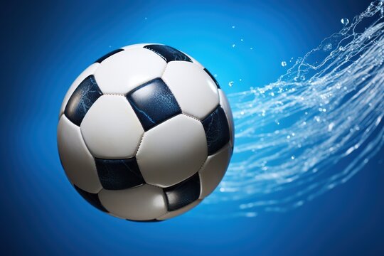 Soccer ball with splashes of water on a blue background. Football or Soccer Concept With Copy Space. Goal Concept.