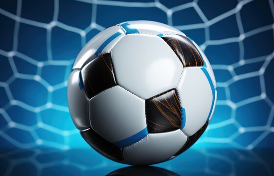 Soccer ball in the net. 3D illustration. Blue background. Football or Soccer Concept With Copy Space. Goal Concept.