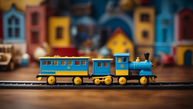 toy train in the city  A toy train that runs on a circular track on a wooden floor. The train is blue and yellow,  