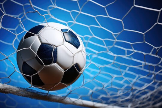 Soccer ball in goal net on blue background. 3d illustration. Football or Soccer Concept With Copy Space. Goal Concept.