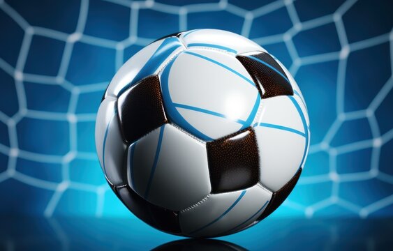 Soccer ball in the net on blue background. 3d illustration. Football or Soccer Concept With Copy Space. Goal Concept.