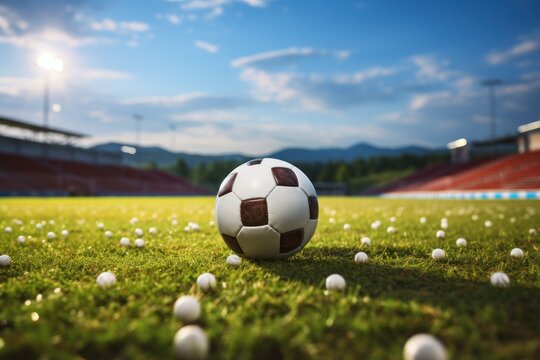 Soccer ball on green grass field with blurred background of stadium. Football or Soccer Concept With Copy Space. Goal Concept.