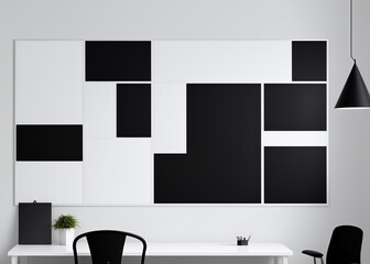 A minimalist oasis in the midst of chaos, the white desk adorned with a black and white board stands proudly against the wall, as the houseplant in a vase. 