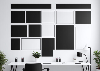 A minimalist oasis in the midst of chaos, the white desk adorned with a black and white board stands proudly against the wall, as the houseplant in a vase. 