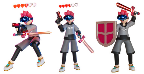 men character holding a sword shield gun and wearing VR glasses. Play games mmorpg in the metaverse on transparent background