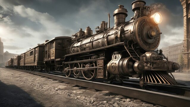 old steam locomotive in motion A steampunk train that protects the city and the people on a secure and hidden railway. 