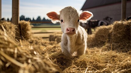 Fototapeta premium A playful calf exploring a rustic farmyard filled with hay bales