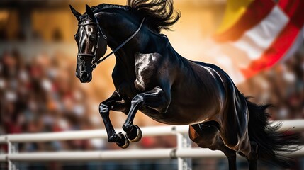 A regal black stallion performing a powerful leap over an obstacle in a show-jumping arena - 683445159