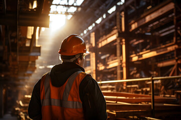 Silhouette of an engineer working in an industrial oil refinery. morning light
