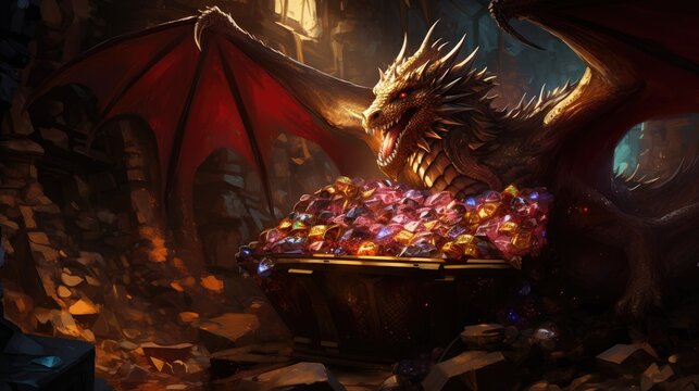 A fierce dragon guarding a treasure trove in a cavernous lair