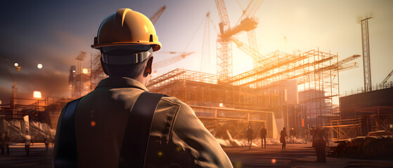 engineer and worker working on construction site with sunset background