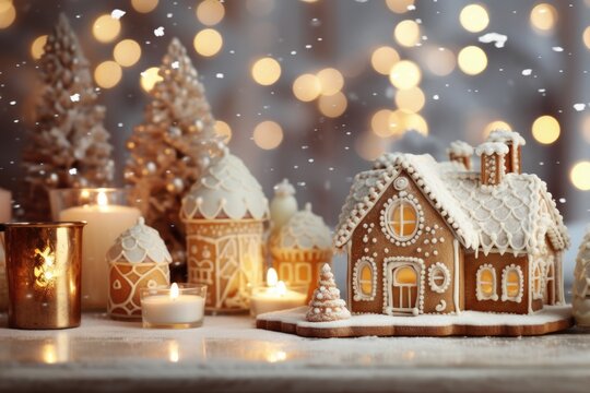 A small gingerbread house with icing sits on a table with a tablecloth and decorations, candles and lanterns. Living room with lights and Christmas tree.