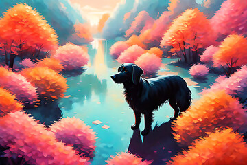 dog on the ,river, abstract, illustration, colorful