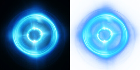 Vibrant Blue Orb. A glowing blue core with concentric light patterns, ideal for high-energy graphic overlays. Isolated on black and transparent, 3D render