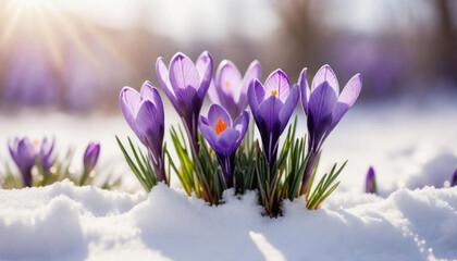 Cute little crocus flowers emerging from the snow