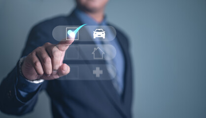 care, health, insurance, protection, car, safety, assurance, investment, list, check. businessman use finger is to preparing for retirement. finger point to check list asset plant, life insurance.