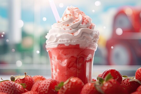 Strawberry smoothie with delicious whipped cream. Photography for advertising.