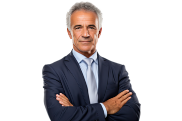 Portrait studio shot of an attractive senior businessman showing positive facial expressions, isolated on a transparent PNG background.