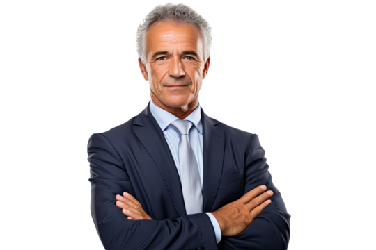 Portrait studio shot of an attractive senior businessman showing positive facial expressions, isolated on a transparent PNG background.