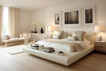 Fototapeta na wymiar White bedroom in a luxury style, economical, looks warm and clean.