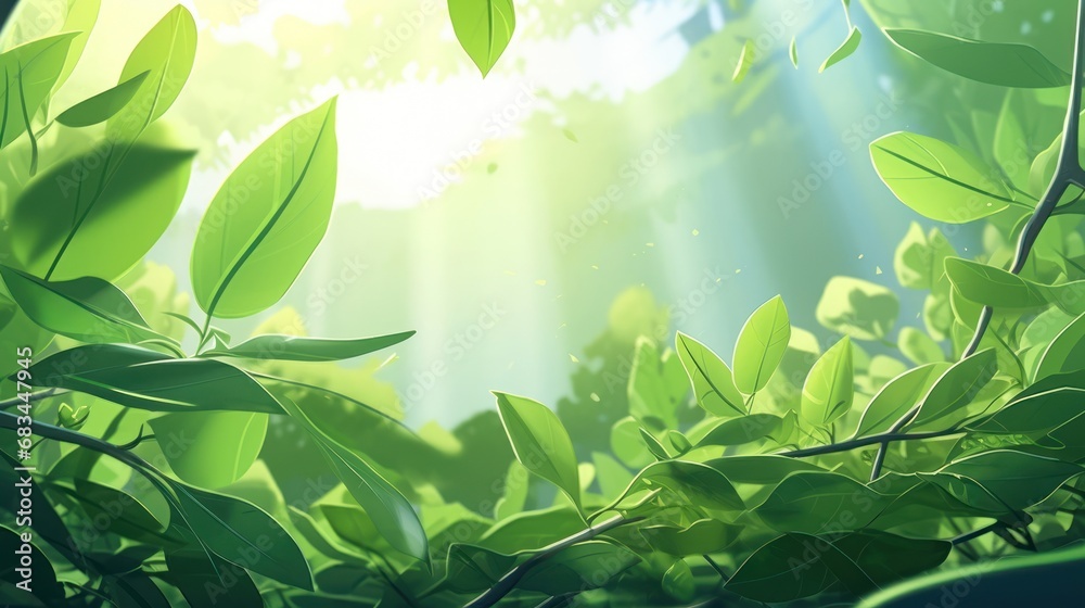 Poster close-up of light green leaves and sunlight. blurred background. beautiful natural bokeh. copy the s