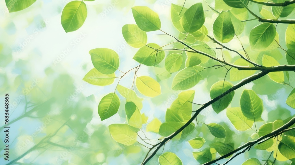 Poster close-up of light green leaves and sunlight. blurred background. beautiful natural bokeh. copy the s