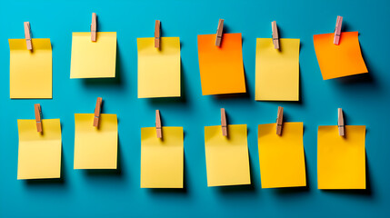 Post its yellows on a blue background. Post its to write down ideas, new year's resolutions, brainstorming, work notes, motivational phrases and goals. - obrazy, fototapety, plakaty